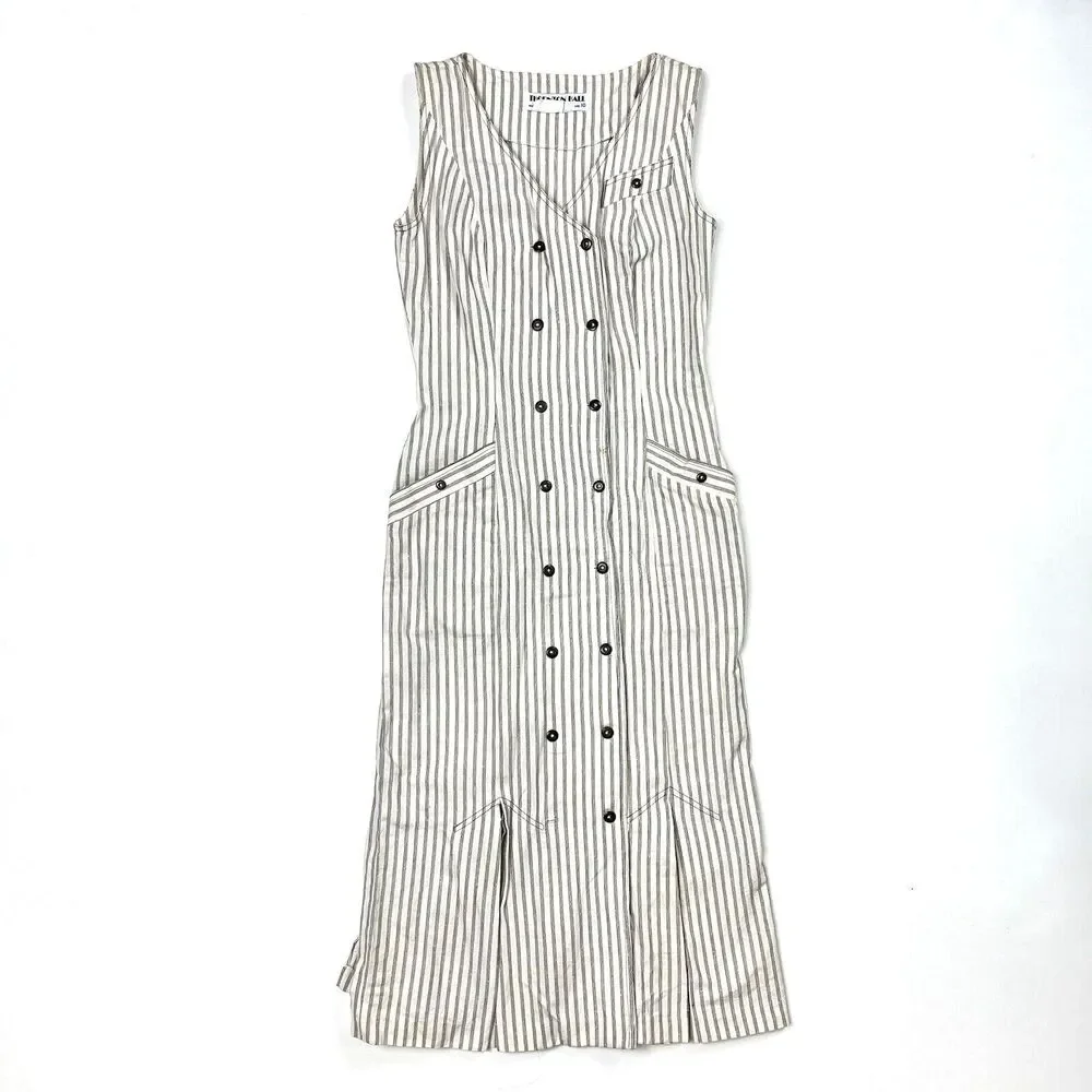 THORNTON HALL Dress VTG 70s New Zealand Button Down Sleeveless Stripe Rare Sz 10